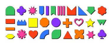 Vahşilik unsurları ayarlandı. 2000 dolar. Retro Vintage şekilleri. Neogaddarlık stili. Neugaddarlık geometrik soyut şekiller. Şık, modern, moda ve çağdaş tasarımlar için. Eşsiz ve renkli kolajlar için.