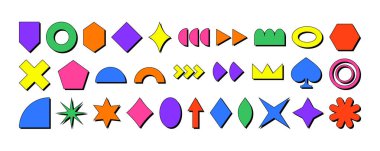 Vahşilik unsurları ayarlandı. Neogaddarlık stili. Neugaddarlık geometrik soyut şekiller. 2000 dolar. Retro Vintage şekilleri. Şık, modern, moda ve çağdaş tasarımlar için. Eşsiz ve renkli kolajlar için.