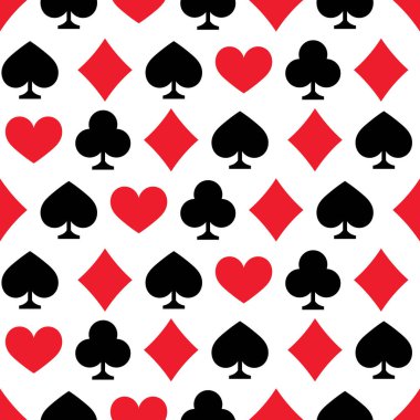 Dağınık kırmızı ve siyah takım elbiselerin kusursuz deseni. Kalpler, elmaslar, sinekler, beyaz arka planda maça. Kumarhane, oyun ve oyuncu tasarımlar için mükemmel. Vektör kartı pürüzsüz desene uyar.