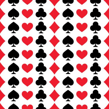 Dağınık kırmızı ve siyah takım elbiseli kusursuz desenler. Kalpler, elmaslar, sinekler, beyaz arka planda maça. Kumarhane, kumar ve sofistike oyun tasarımları için ideal. Vektör kartı duvar kağıdına uyuyor