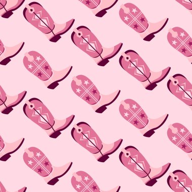 Kusursuz desenli, pembe ve bordo çizmeli yıldızlar ve açık pembe arka planda dekoratif girdap tasarımlı kovboy kız çizmeleri. Tekstil ve eğlence projeleri için eğlenceli Batı temalı tasarım.