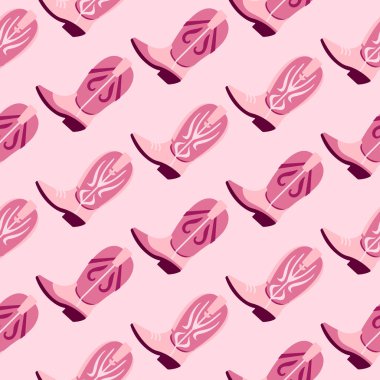 Kusursuz desenli, pembe ve bordo çizmeli açık pembe arka planda dekoratif girdap tasarımlı kovboy kız çizmeleri. Tekstil ve eğlence projeleri için eğlenceli batı temalı tasarım. Pembe kovboy çizmeleri..