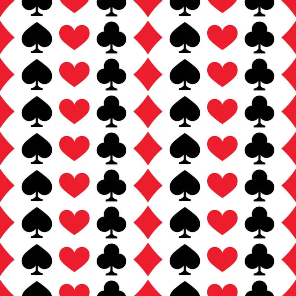Dağınık kırmızı ve siyah takım elbiseli kusursuz desenler. Kalpler, elmaslar, sinekler, beyaz arka planda maça. Kumarhane, kumar ve sofistike oyun tasarımları için ideal. Vektör kartı duvar kağıdına uyuyor