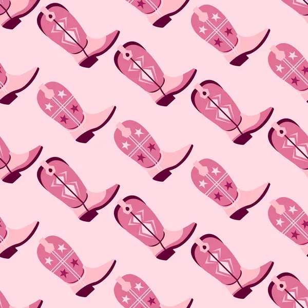 Kusursuz desenli, pembe ve bordo çizmeli yıldızlar ve açık pembe arka planda dekoratif girdap tasarımlı kovboy kız çizmeleri. Tekstil ve eğlence projeleri için eğlenceli Batı temalı tasarım.