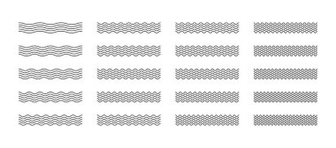 Yatay dalgalı çizgiler ince kıvrımlı ya da tırtıklı dokular oluşturuyor. Oluklu dalga çizgileri ayarlandı. Çeşitli tasarım projeleri için minimalist ve modern dekoratif unsurlar. Basit vektör çizgileri.
