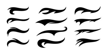 Vektör siyah spor kuyrukları. Beyzbol, futbol ya da atletizm harfleri için siluet elementleri. Beyzbol swoosh yazı turası. Spor altı çizili kıvırcık şekiller. Girdap çizgileri, kıvrımlar, kıvrımlar.