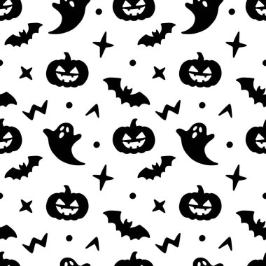 Hayalet, balkabağı, yarasa ve yıldızlar gibi dağınık oyuncaklarla kusursuz beyaz ve siyah Cadılar Bayramı deseni. Ürkütücü ama minimalist tasarım. Tatil dekorları, kumaşlar ve arka planlar için mükemmel.