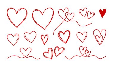 Beyaz arka planda el çizimi kırmızı kalpler. Basit, farklı kalp setleri, Sevgililer Günü projeleri için romantik aşk doğrusal unsurları. Hoş yazılar, sosyal medya ve romantik tasarımlar için..