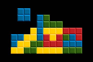 Renkli ve geometrik şekiller klasik video oyununu andırıyor. Oyun Blokları işlemi. Oyunlarla ilgili tasarımlar, retro temaları veya nostaljik dokunuşu hedefleyen yaratıcı projeler için ideal.