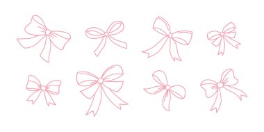 Beyaz arka planda farklı elle çizilmiş pembe fiyonklar. Hediyeler ve tasarım projeleri için sevimli ve basit dekoratif vektör unsurları. Kurdeleler takılı Doodle selamlıyor.