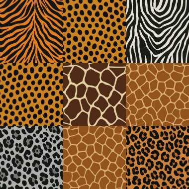 Leopar, zebra, kaplan, zürafa gibi çeşitli hayvan derisi izleri olan kusursuz yama desenleri. Egzotik dokuların moda ve eklektik karışımı, cesur moda ve yaratıcı projeler için mükemmel..