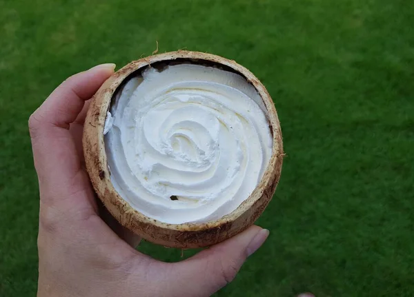 緑の草の背景とココナッツ包装のケーキ — ストック写真