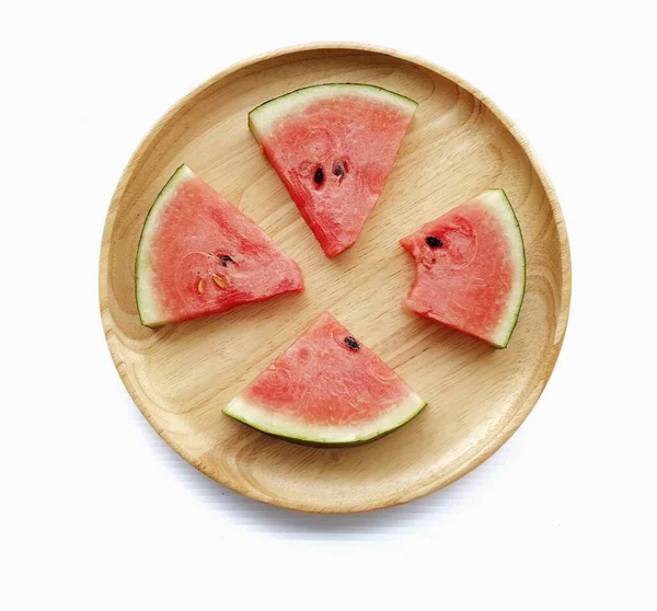 Verse Rode Watermeloen Plakjes Witte Houten Plaat — Stockfoto