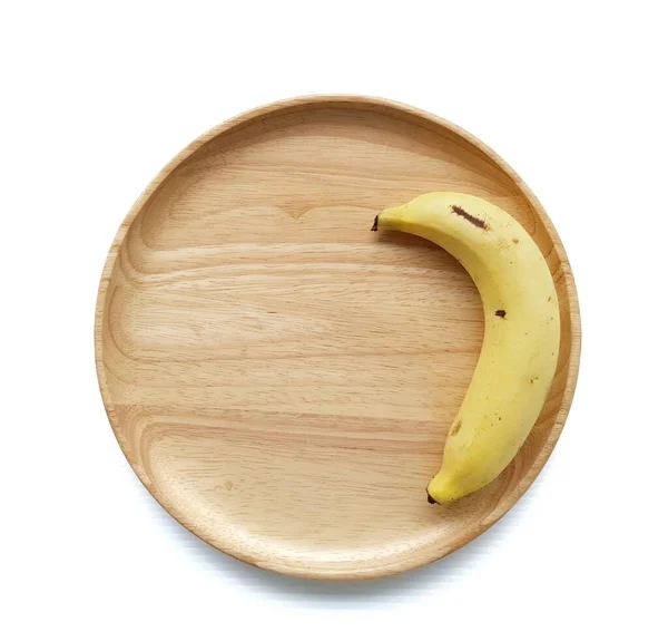 Ripe Banana Wood Plate White Background — Stock Photo, Image