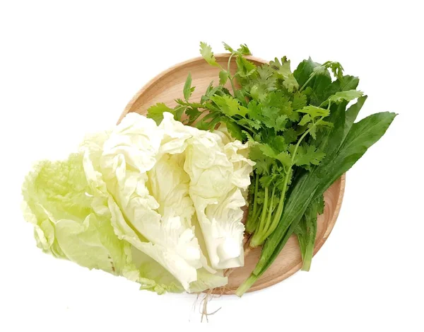 Fresh Vegetable White Radish Culantro Coriander Wooden Plate White Background — Stock Photo, Image