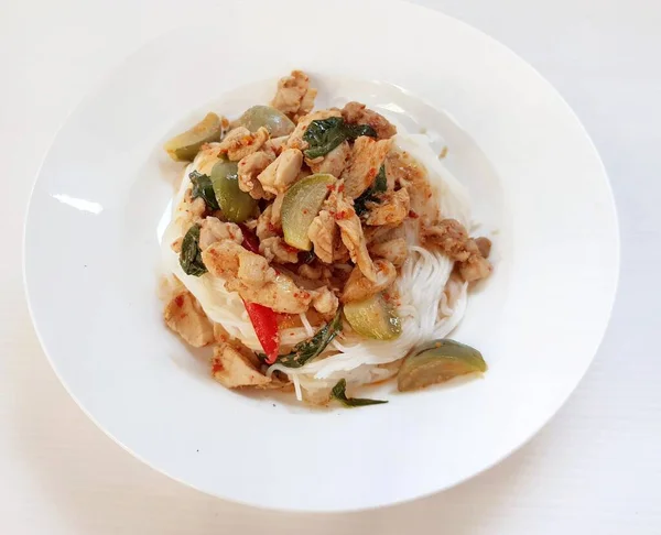 Nourriture Thaïlandaise Curry Rouge Avec Poulet Lait Coco Sur Dessus — Photo