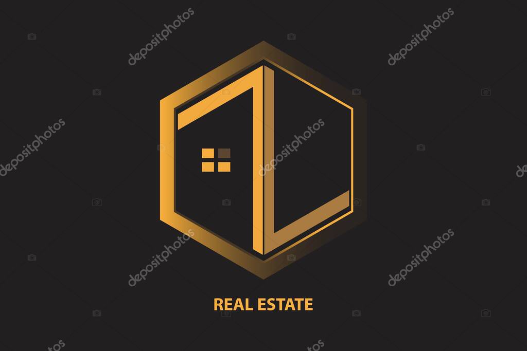 Real Estate Logo.  Gold House Symbol with Z and L Letter isolated on black Background.
