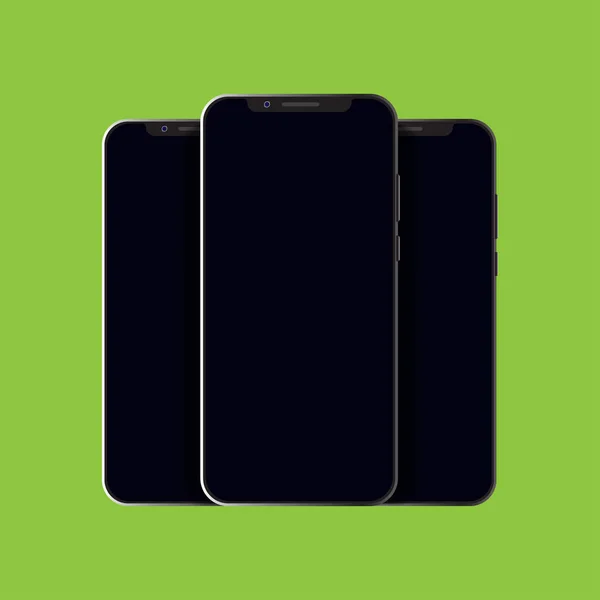 Modern cep telefonlarının şablonu yeşil arka planda. Sunum için aygıtlar modellemeleri.