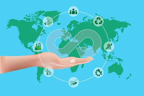 Χέρι Κρατά Εικονίδιο Κυκλικής Οικονομίας Ιδέες Για Μελλοντική Ανάπτυξη Των — Διανυσματικό Αρχείο