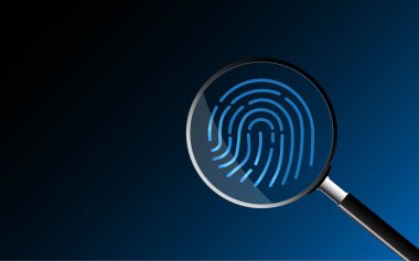 Kimlik arama konsepti, parmak izindeki büyüteç. vektör illüstrasyonu