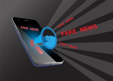 Megafonlu akıllı telefon ve sahte mesaj. Sahte haberler ve bunların halk ve politika konsepti üzerindeki etkileri.