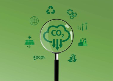 Yeşil arkaplanda CO2 emisyon sembolünü azaltan büyüteç.