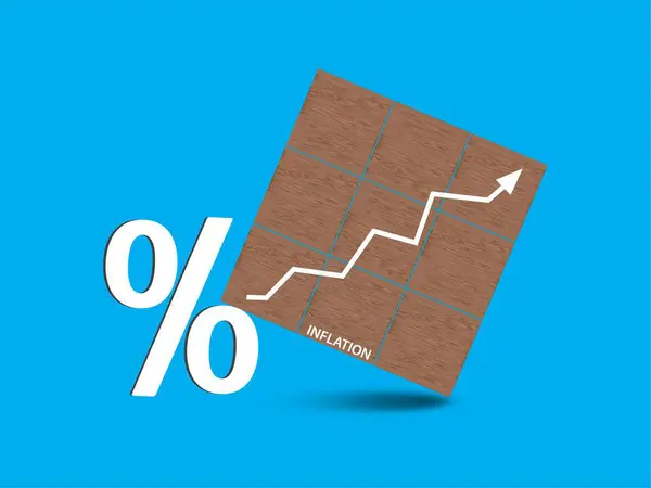 Enflasyon sözcüğü ve beyaz ok ile ahşap bloklar mavi arka planda izole edilmiş. Enflasyon oranı krizi, para ekonomisi kavramı. Ekonomik durgunluk riski. Finansal banka maliyet dengesi.