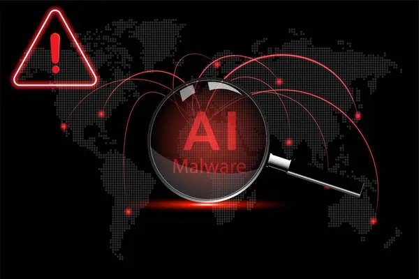 Kötü amaçlı yazılım kavramı. Dünya haritası arka planında yapay zeka yazılımı olan büyüteç.