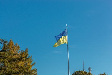 Mavi gökyüzüne yakın plan Ukrayna bayrağı