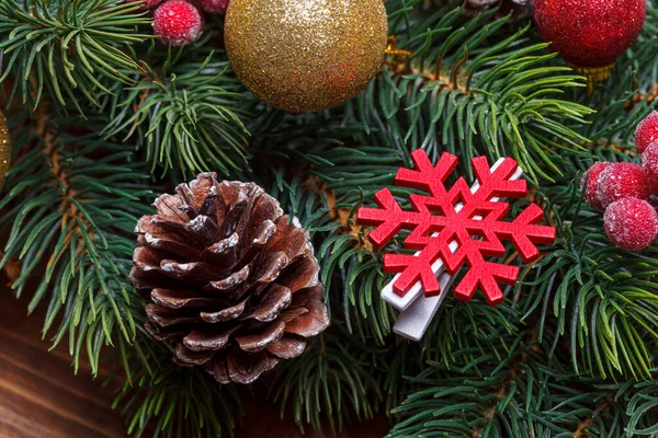 Beautiful Branches Christmas Tree Cones Toys Close — Stock Photo, Image