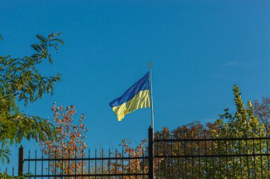 Mavi gökyüzüne yakın plan Ukrayna bayrağı