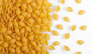 Pasta products in the form of a shell, texture, on a white background close-up
