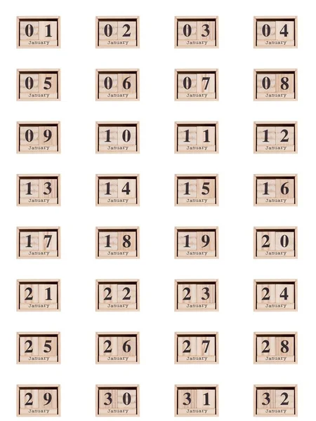 Drewniany Kalendarz Zestaw Dat Miesiąc Styczeń Białym Tle Zbliżenie — Zdjęcie stockowe