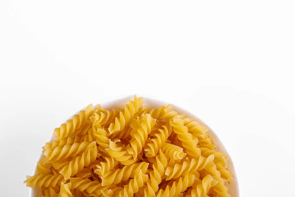 Pasta Products Form Spiral Plate Texture White Background Close — Fotografia de Stock