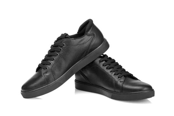Zwart Lederen Sneakers Een Witte Achtergrond Close — Stockfoto