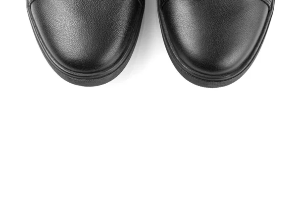 Черные Кожаные Кроссовки Белом Фоне Крупным Планом — стоковое фото