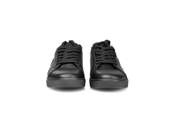 Zapatillas Cuero Negro Sobre Fondo Blanco Cerca —  Fotos de Stock