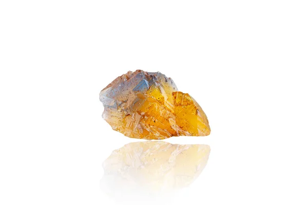 Macro Pedra Mineral Fluorite Cor Amarela Azul Fundo Branco Close — Fotografia de Stock