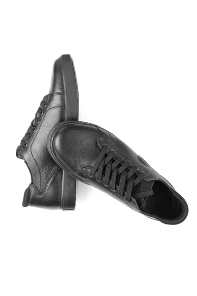 Zapatillas Cuero Negro Sobre Fondo Blanco Cerca —  Fotos de Stock