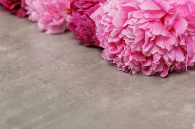 Gri masadaki güzel şakayıklar. Yakın plan.