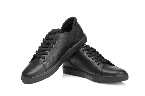 Black Leather Sneakers White Background Close — Stock Photo, Image