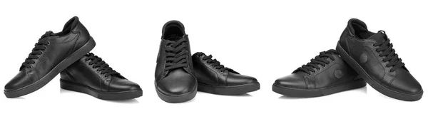 Μαύρα Δερμάτινα Sneakers Διάφανο Λευκό Φόντο Close — Φωτογραφία Αρχείου