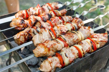 Şişte sebzelerle barbekü yapmak. Izgarada kızartılmış et.