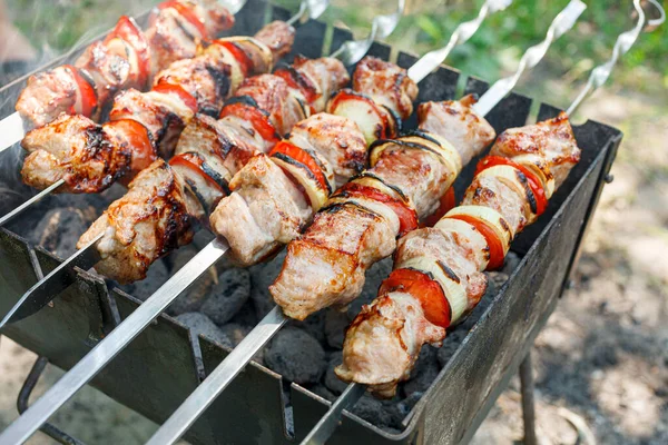 Cooking Barbecue Vegetables Skewers Roasted Meat Grill Close — Stock Photo, Image