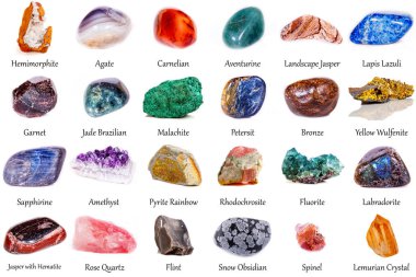 beautiful collection of geological minerals on a white background close-up clipart