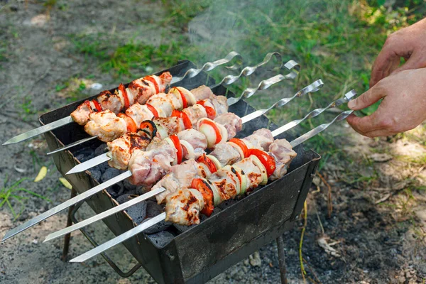 焼き鳥の野菜を使ったバーベキュー グリルクローズアップのロースト肉 — ストック写真