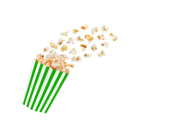 Grüne Schachtel Mit Popcorn Flug Auf Weißem Transparentem Hintergrund Nahaufnahme — Stockfoto