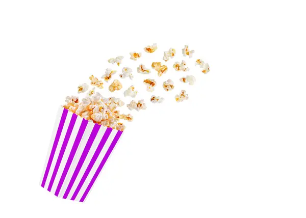 Schachtel Lila Mit Popcorn Flug Auf Weißem Transparentem Hintergrund Nahaufnahme — Stockfoto
