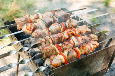 Şişte sebzelerle barbekü yapmak. Izgarada kızartılmış et.