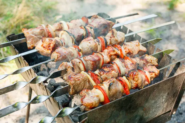 Grillezés Zöldségekkel Nyársra Húzva Pörkölt Hús Grillsütőn Közelről — Stock Fotó